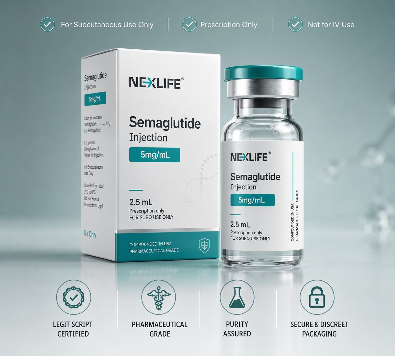 NexLife compounded semaglutide 5 mg/mL — 2.5 mL vial, prescription only
