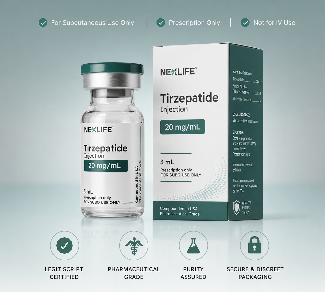 NexLife compounded tirzepatide 20 mg/mL — 3 mL vial, prescription only